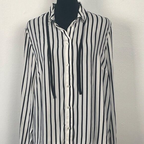 Black & White Striped Button-Up Blouse with Ribbon Collar - Picture 1 of 5